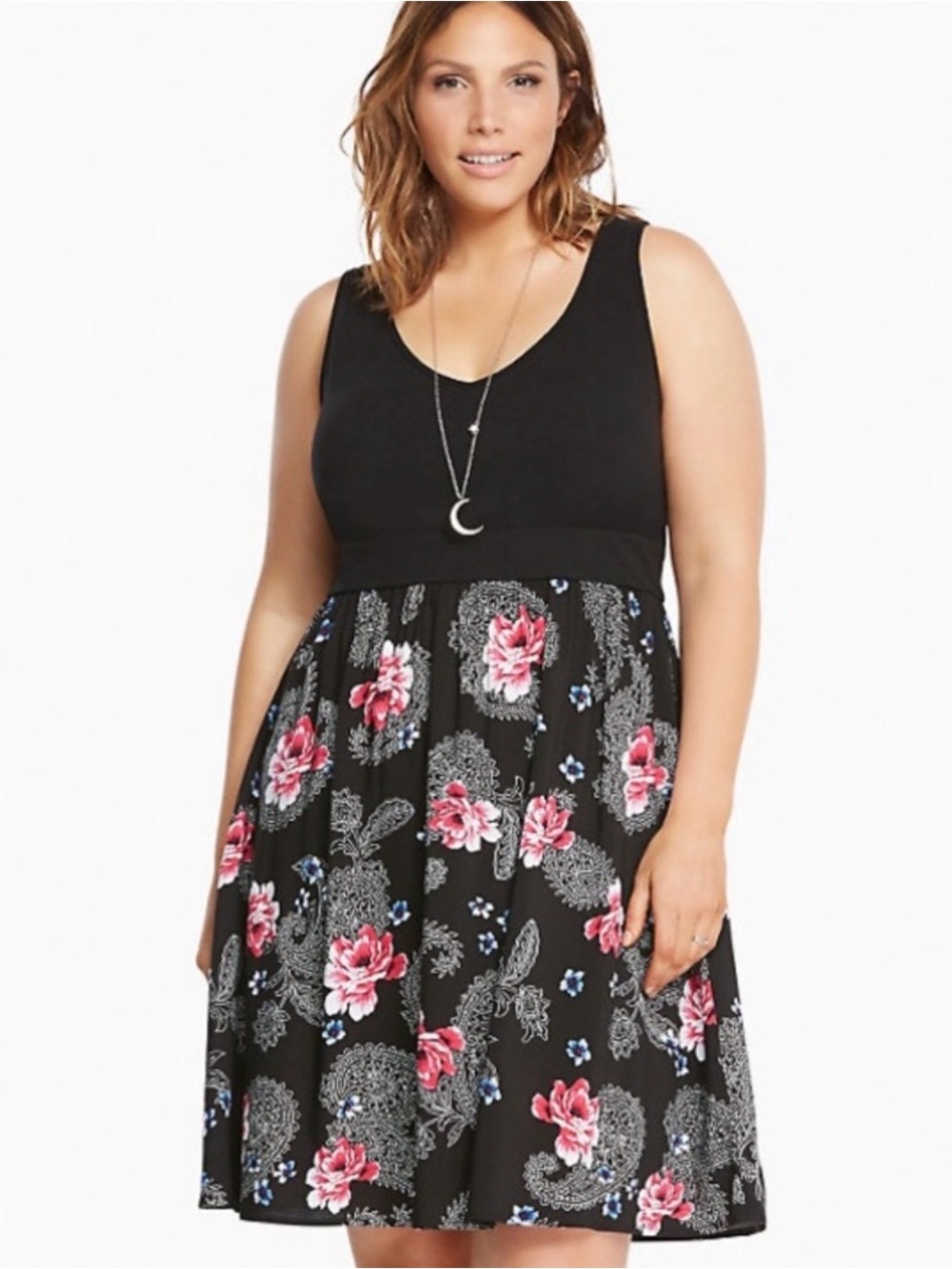Torrid Black Floral Fit-and-Flare Dress with Pink Accents